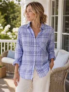 Foxcroft NYC Purple Plaid Crinkle Button-Down Shirt | Size 12 | Cotton Blend